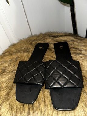 H&M Black Quilted Slide Sandals with Square Toe